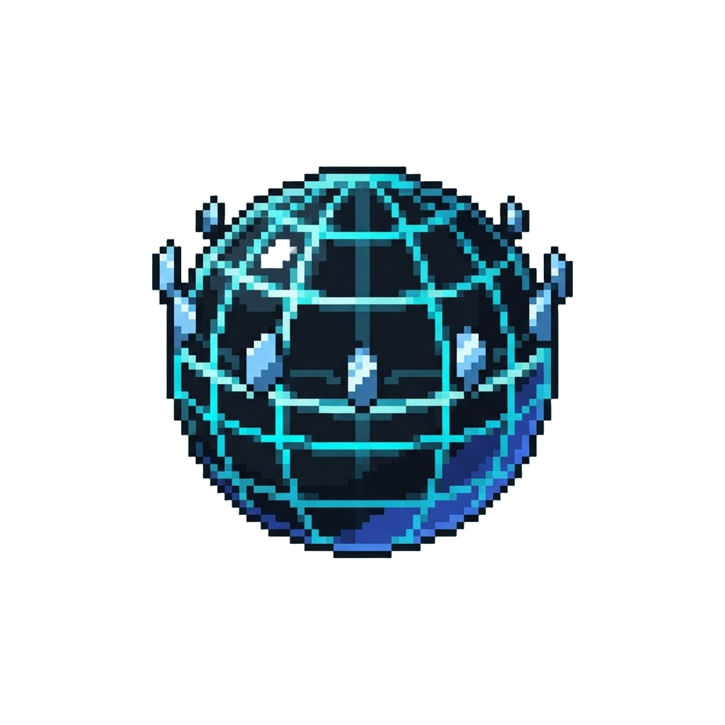 A Geometric Neon Grid Planet with Floating Mirror Monoliths