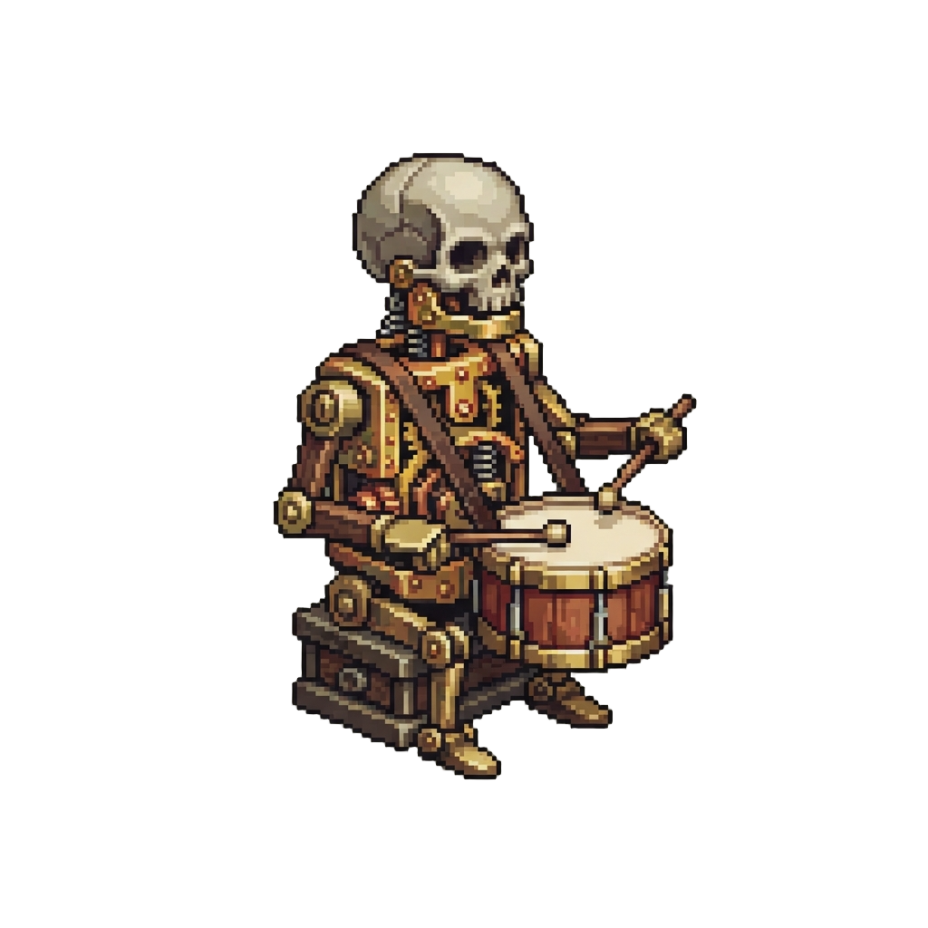 A Mechanical Toy Drummer with Exposed Ticking Brass Cogs and a Skull Cap