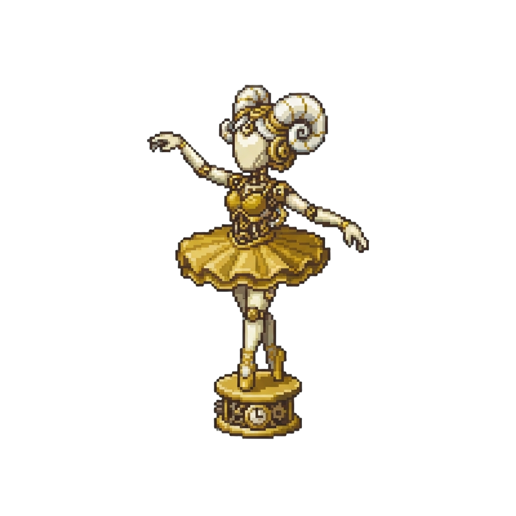 A Gilded Clockwork Music-box Ballerina with Spiraling Porcelain Horns