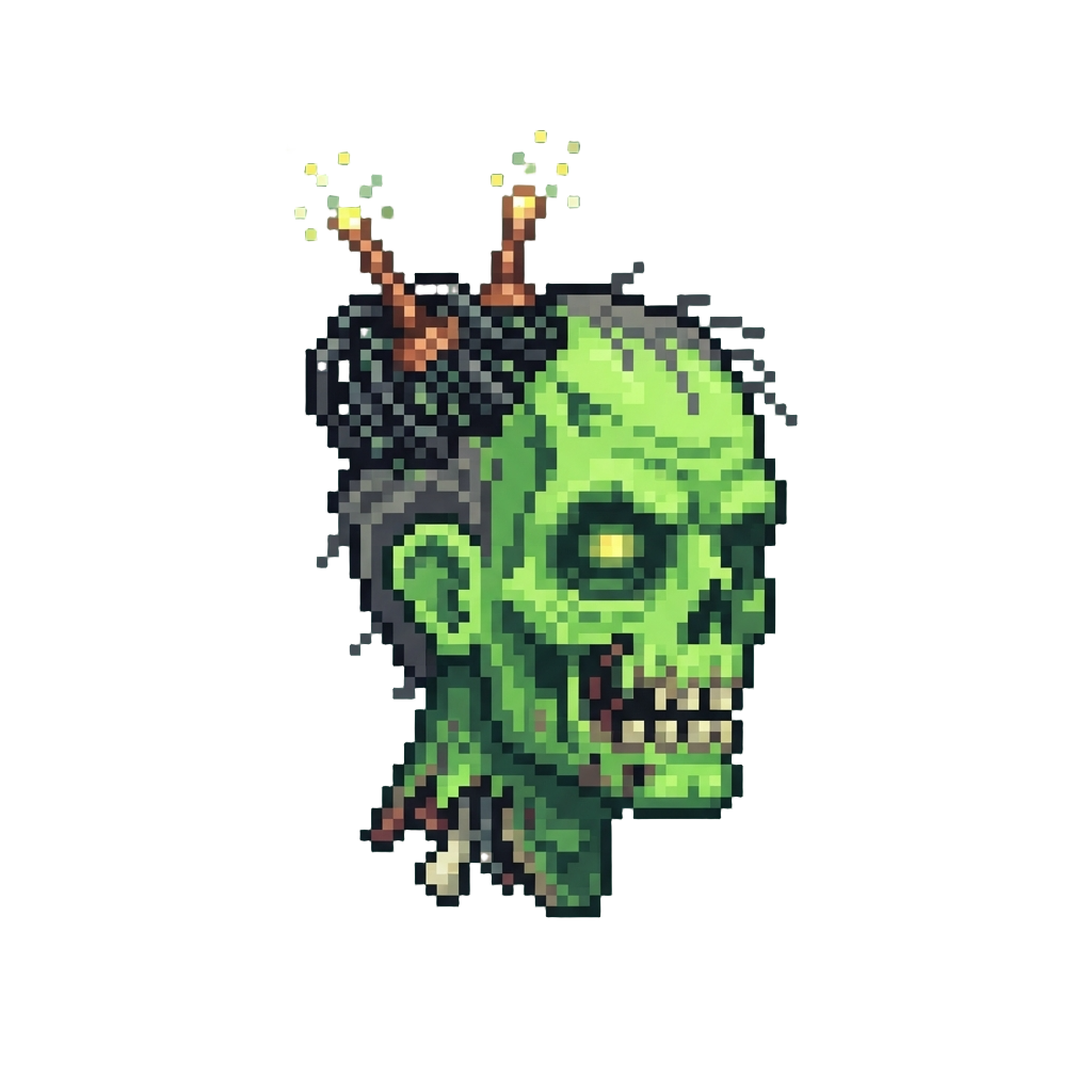 A Neon-green Radioactive Zombie Head with Sparking Exposed Wires and Antennae