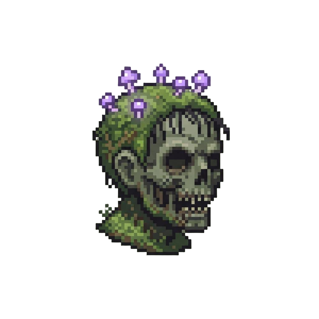 A Moss-draped Zombie Head Sprouting Tiny Glowing Purple Mushrooms