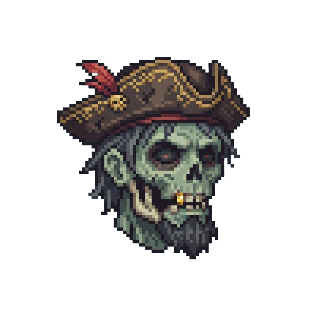 A Pirate Zombie Head Sporting an Embroidered Tricorn Hat and a Gold Tooth