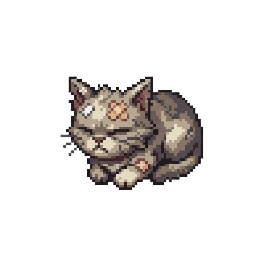 A Scruffy Flattened Alley Cat with Cartoon Bandage Patches