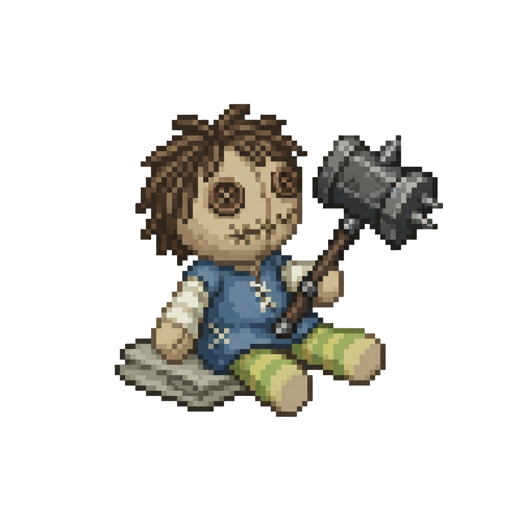 A Button-eyed Rag Doll Clutching a Spiked Wrought-iron Mallet