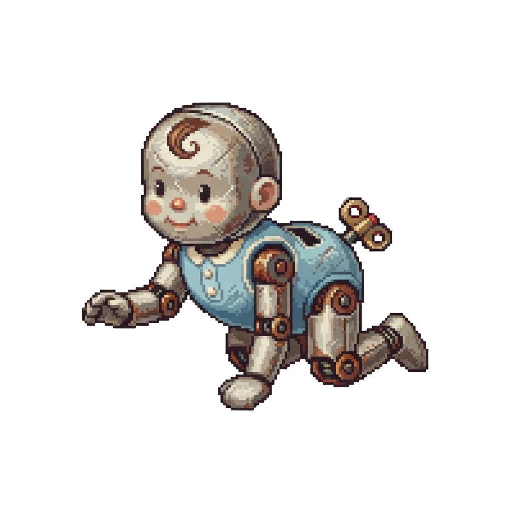 A Scuffed Tin Wind-up Crawling Baby with Rusted Metal Joints
