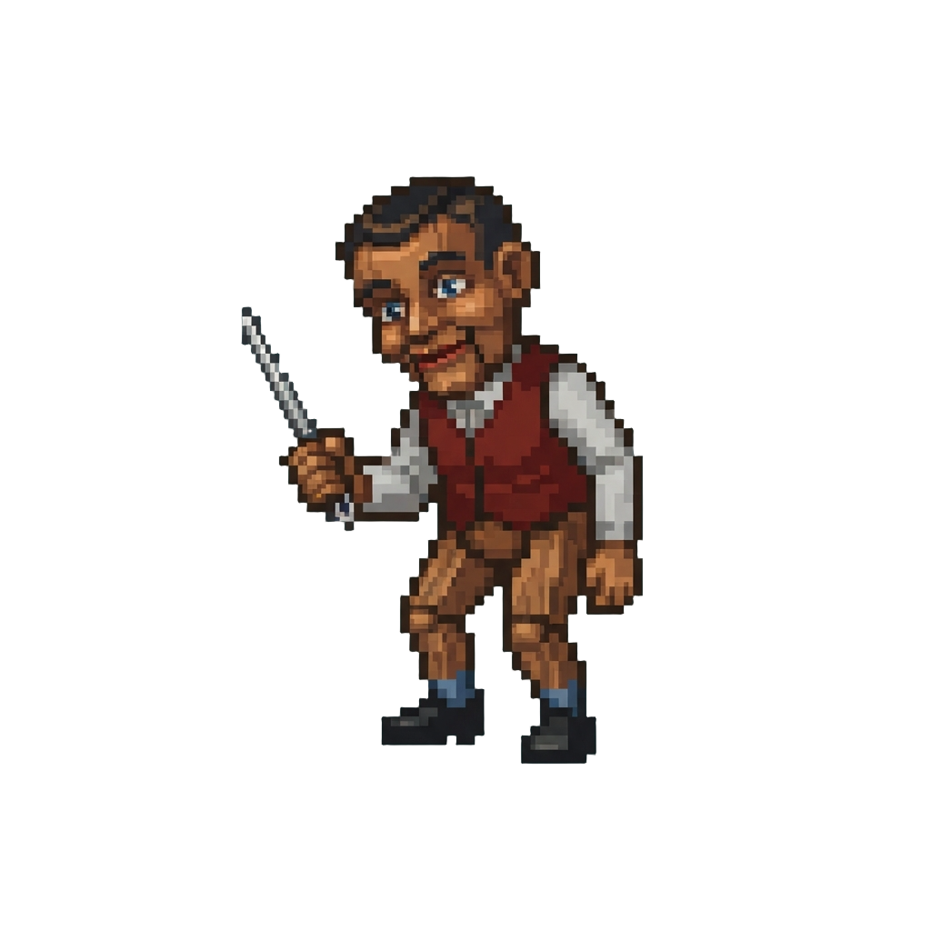 A Crooked Wooden Ventriloquist Dummy Wielding a Sharp Needle