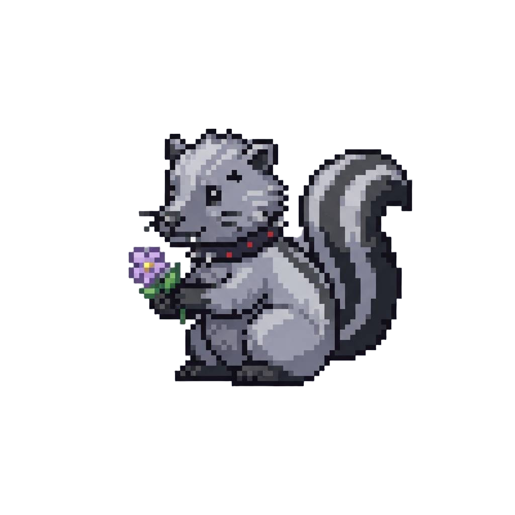 A Silver-furred Gothic Skunk Clutching a Tiny Flower