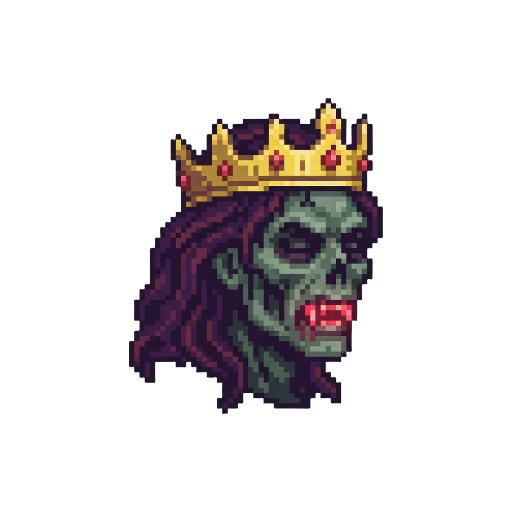 A Crowned Vampire-zombie Head with Glowing Crimson Fangs and Flowing Velvet Locks