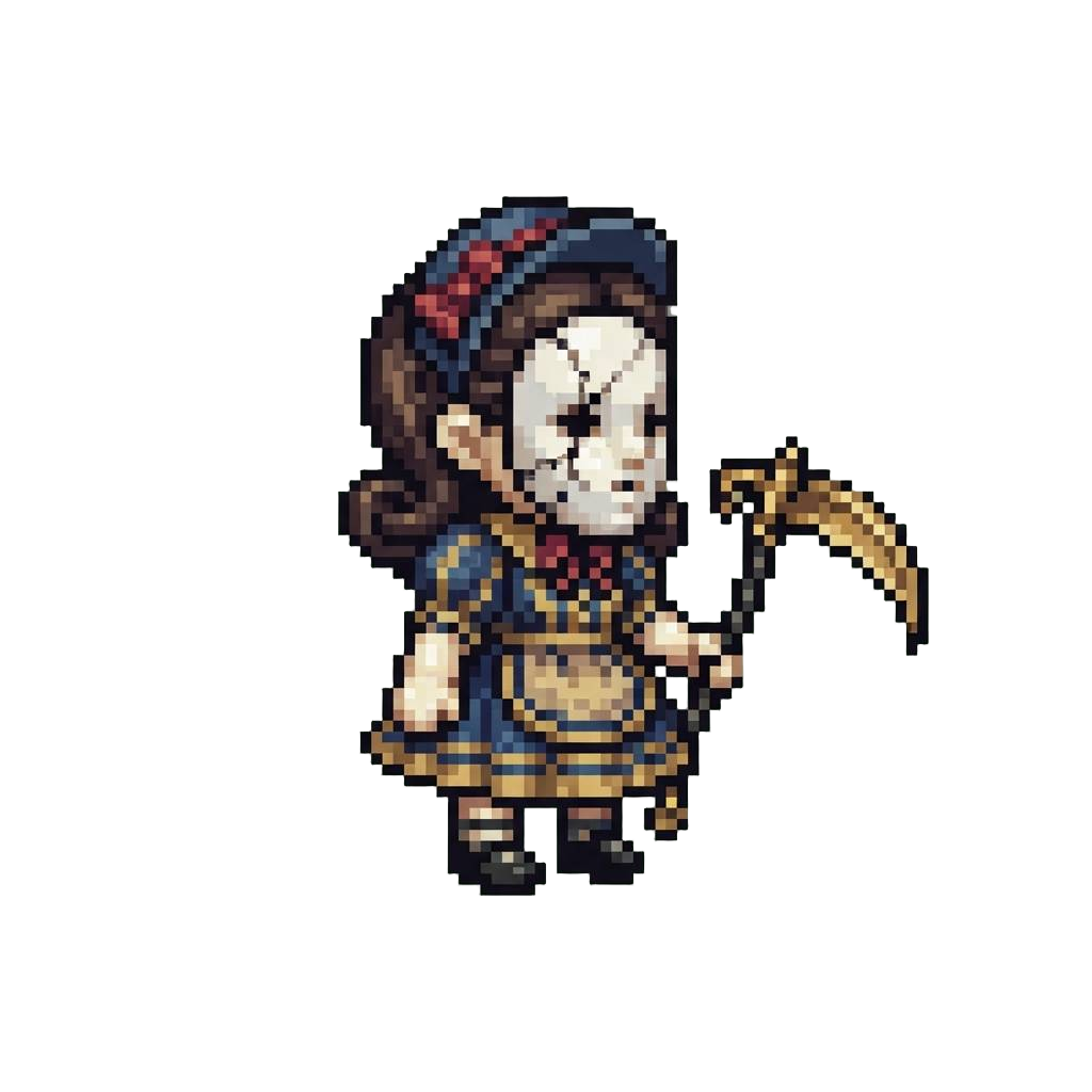 A Porcelain Doll with a Cracked Porcelain Mask Wielding a Tiny Golden Scythe