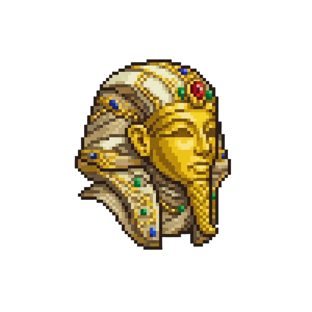 A Gilded Mummy Head Wrapped in Ornate Jewel-encrusted Linen Bandages