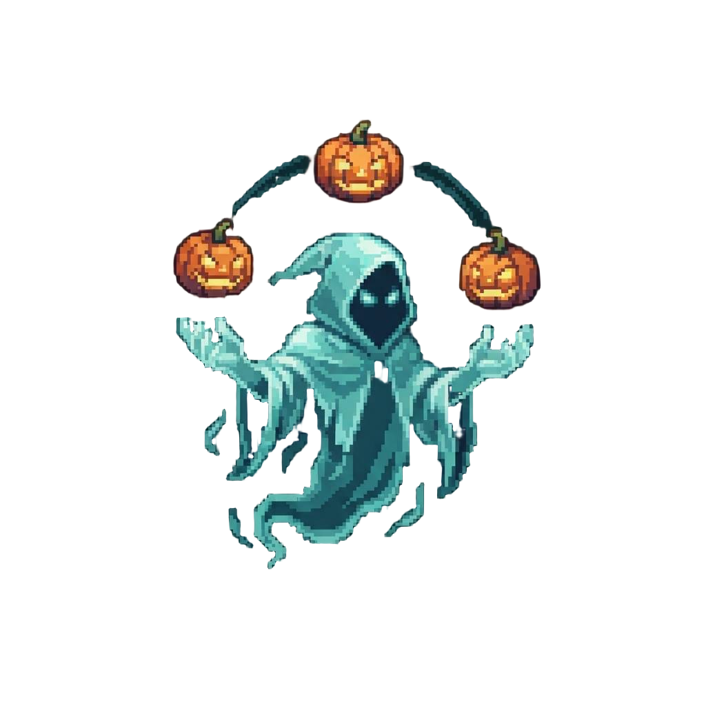 A Translucent Spectral Phantom Juggler Tossing Floating Carved Pumpkins