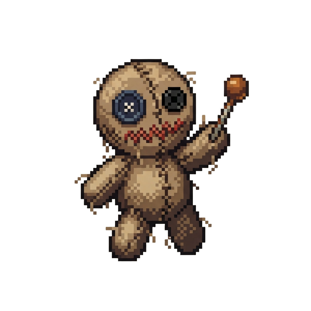 A Scruffy Burlap Voodoo Doll Waving a Rusty Sewing Pin