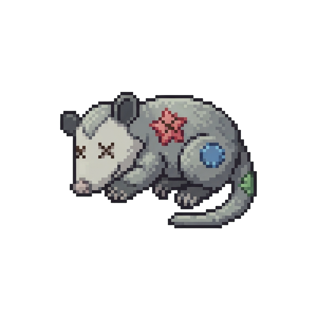 A Patched Velvet Plush Possum Playing Dead with Cartoon X Eyes