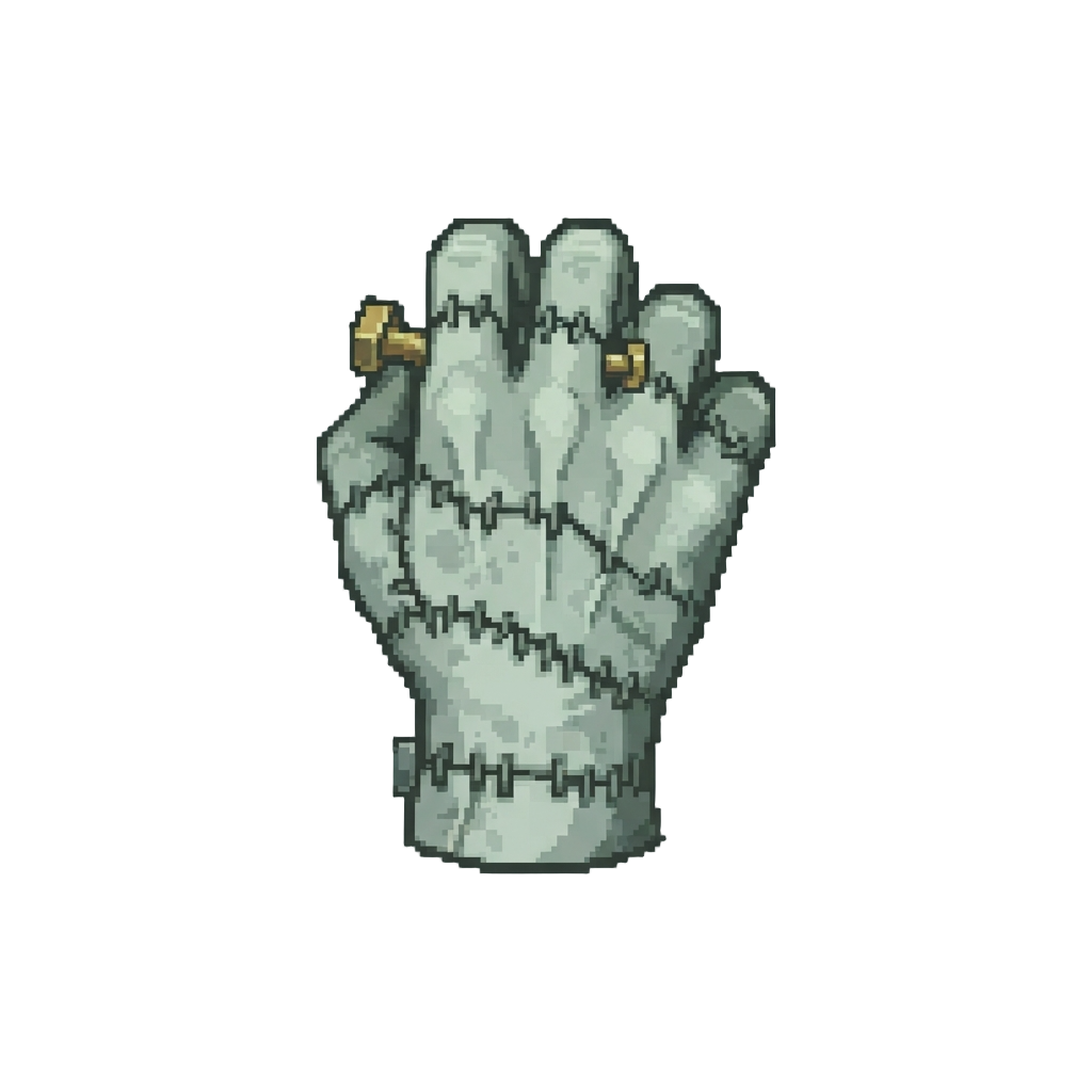 A Pale Stitched Frankenstein Hand with Brass Bolts at the Knuckles