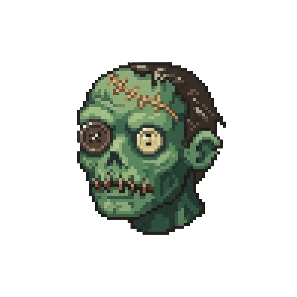 A Comical Stitch-mouthed Zombie Head with Mismatched Rolling Button Eyes