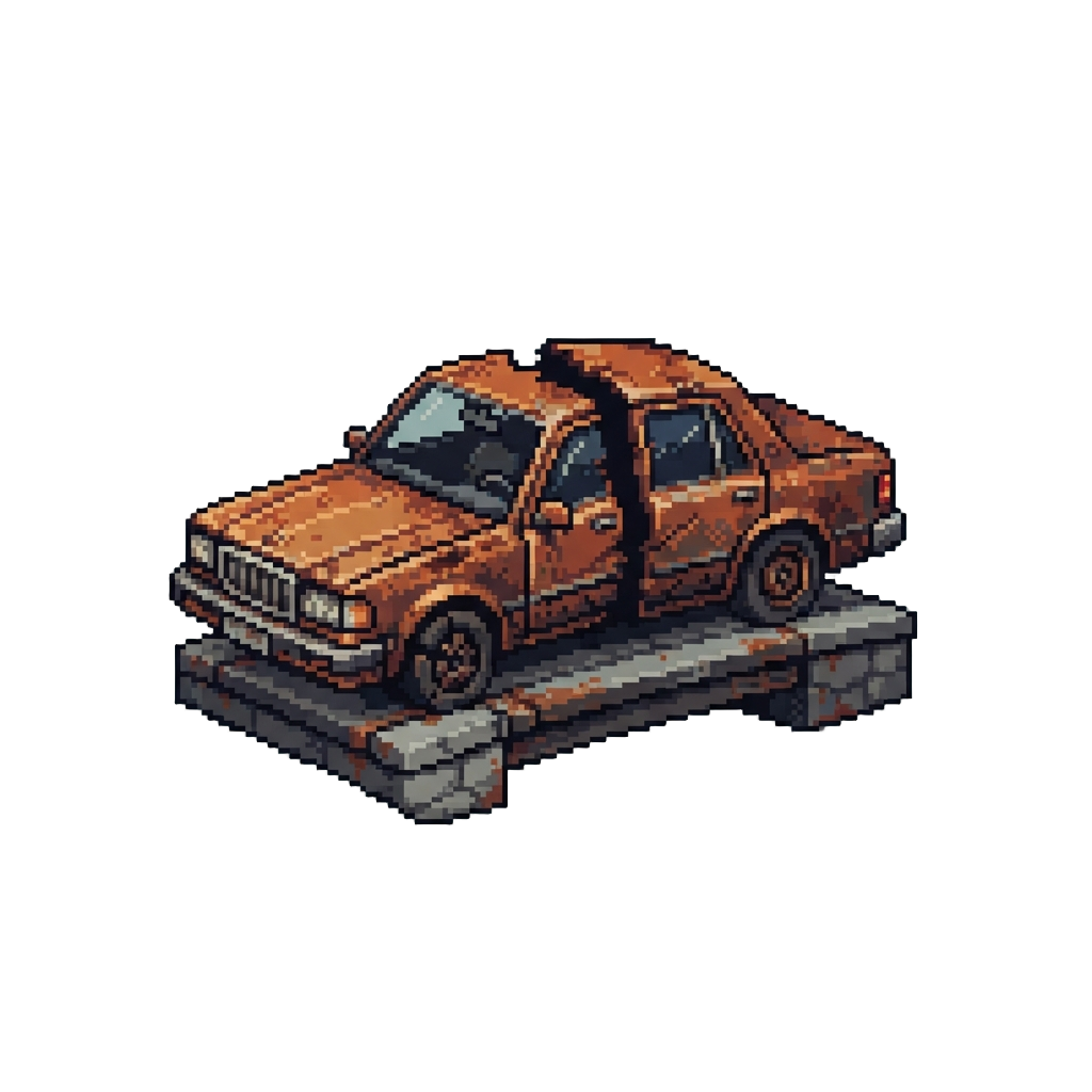 A Rusty Sedan Snapping in Half on the Bridge