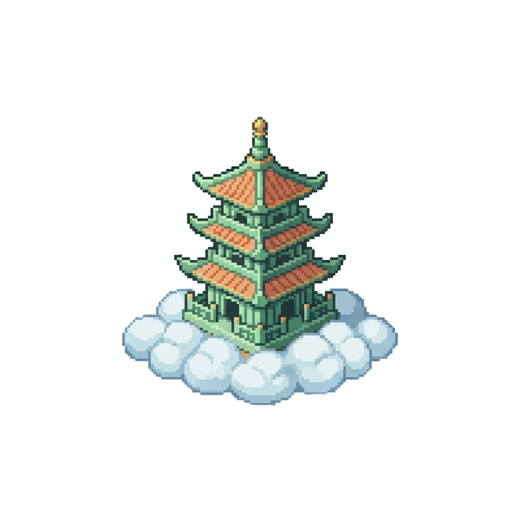 An Airborne Jade Pagoda Floating on Fluffy Cumulus Puffs