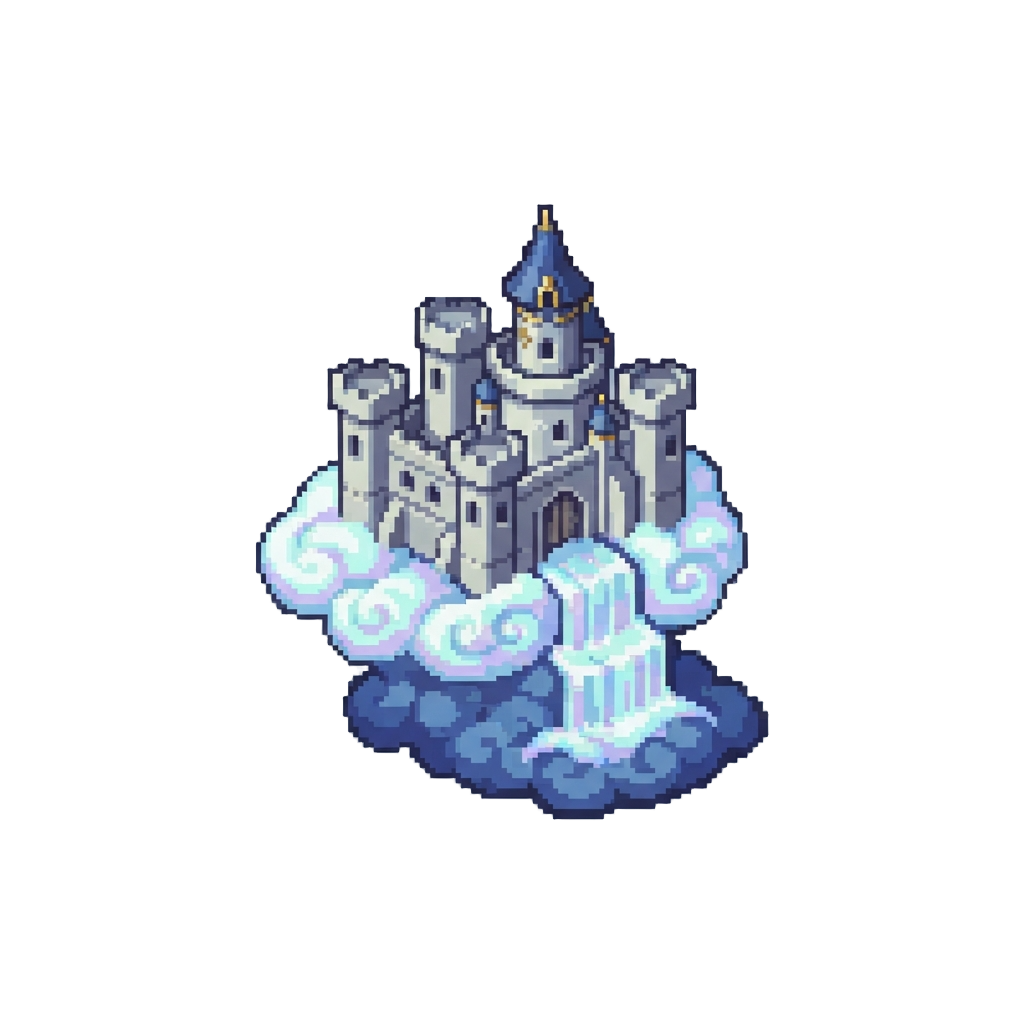 A Soaring Sky Castle Anchored to Iridescent Cloud Waterfalls
