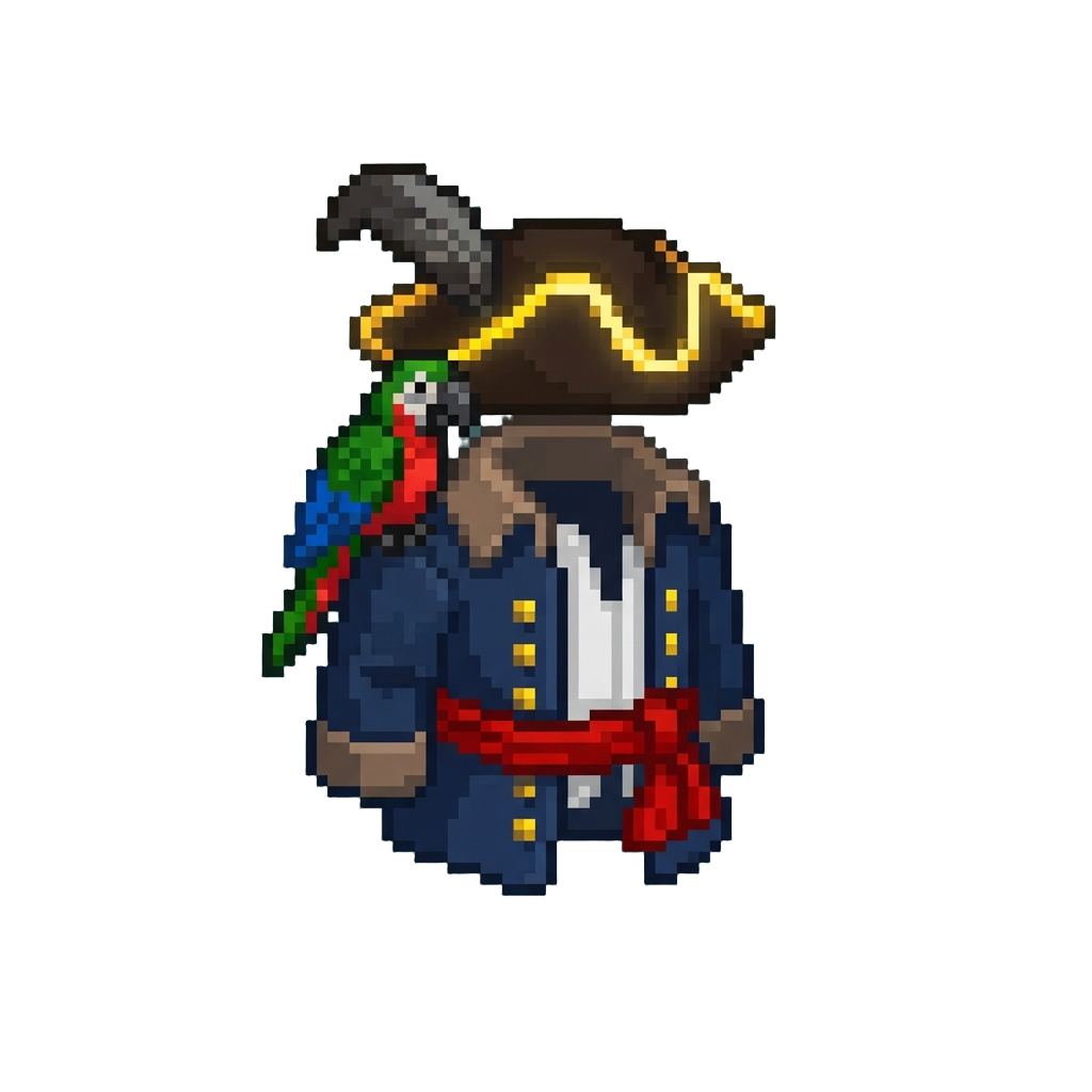 A High-seas Pirate Captain Regalia with Glowing Tricorn Hat and Parrot