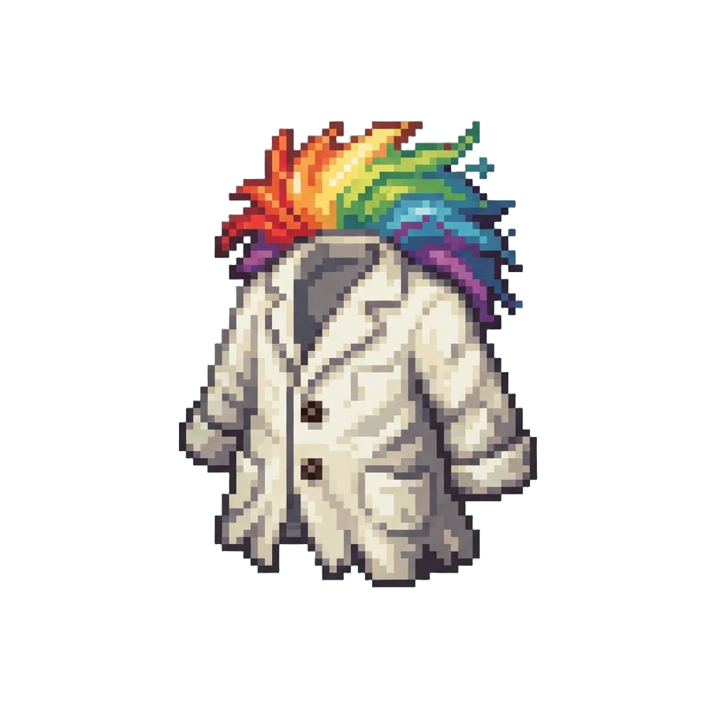 A Miniature Mad Scientist Coat with Wildly Frizzed Rainbow Hair