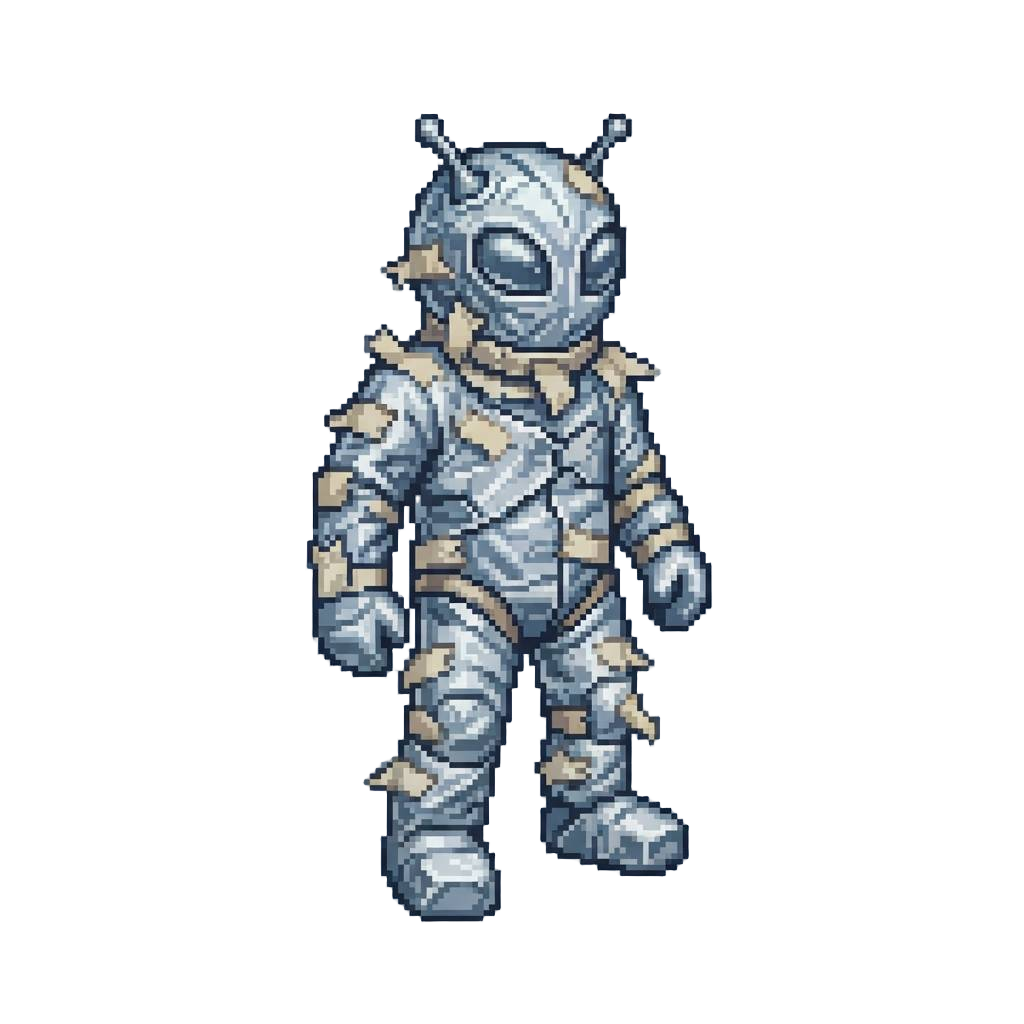 A Taped-together Aluminum Foil Alien Suit Peeling at Every Seam