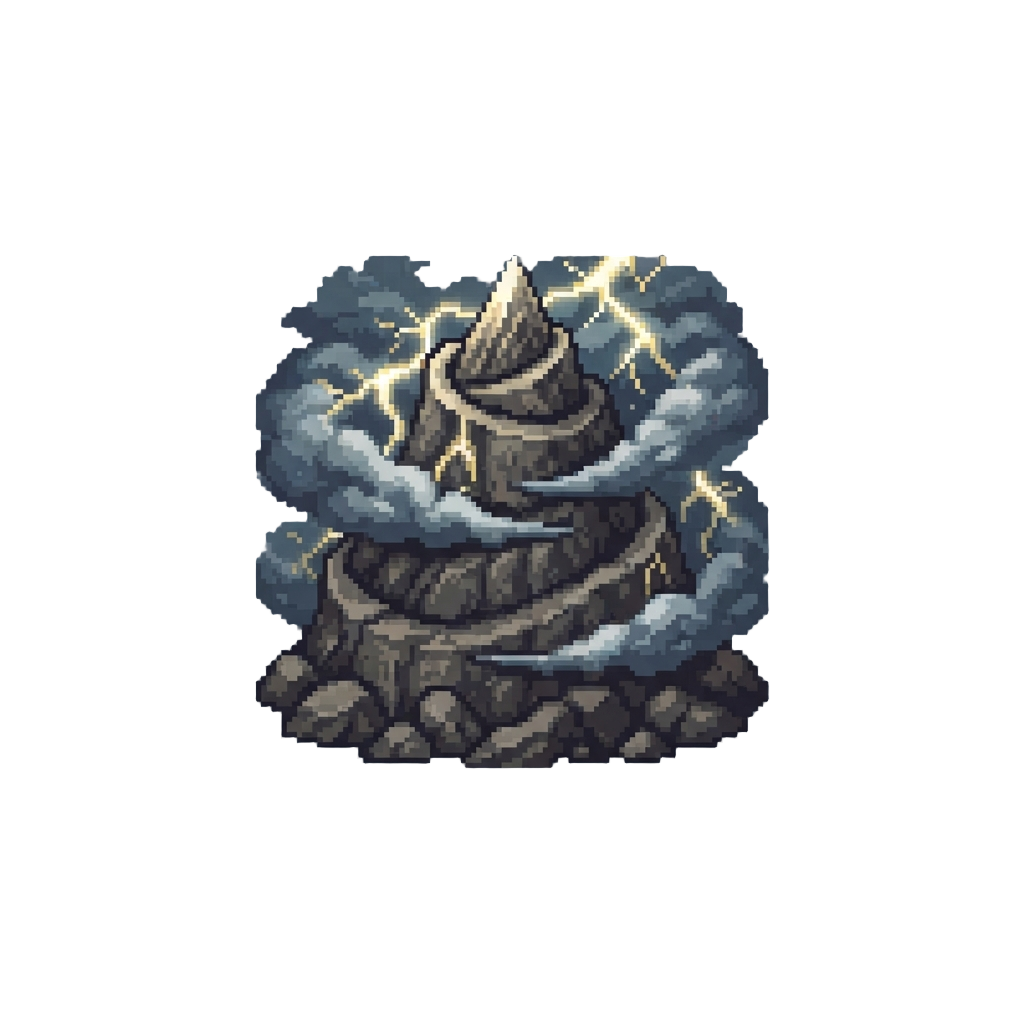 A Spiraling Rock Summit Shrouded in Lightning Storm Clouds
