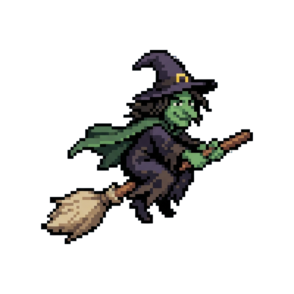 A Wicked Green Witch Riding a Broomstick