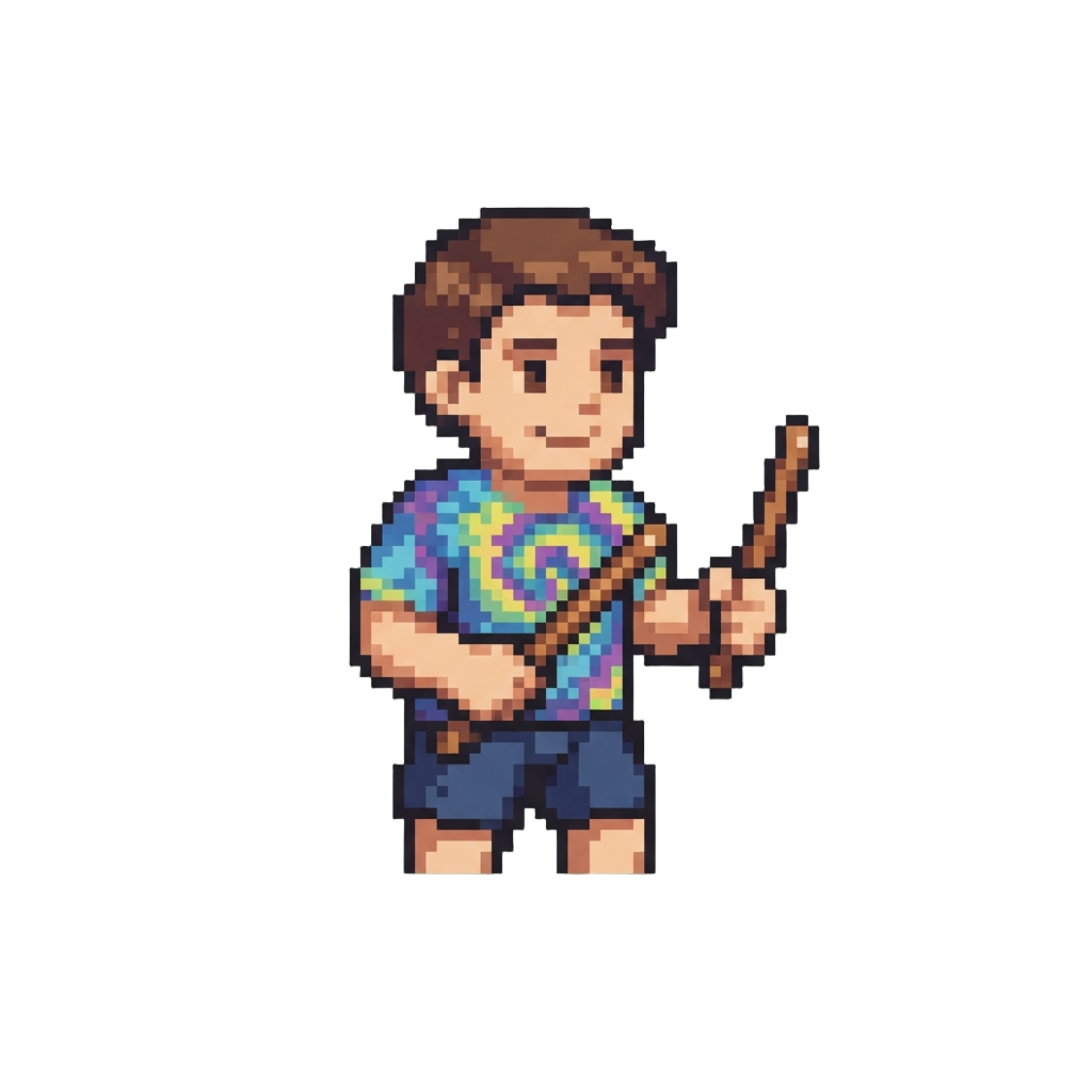 A Clone of @image1 Wearing a Groovy Tie-dye Shirt Holding Drumsticks
