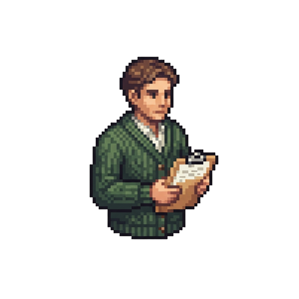 A Clone of @image1 Wearing a Vintage Cardigan with a Recording Log Clipboard