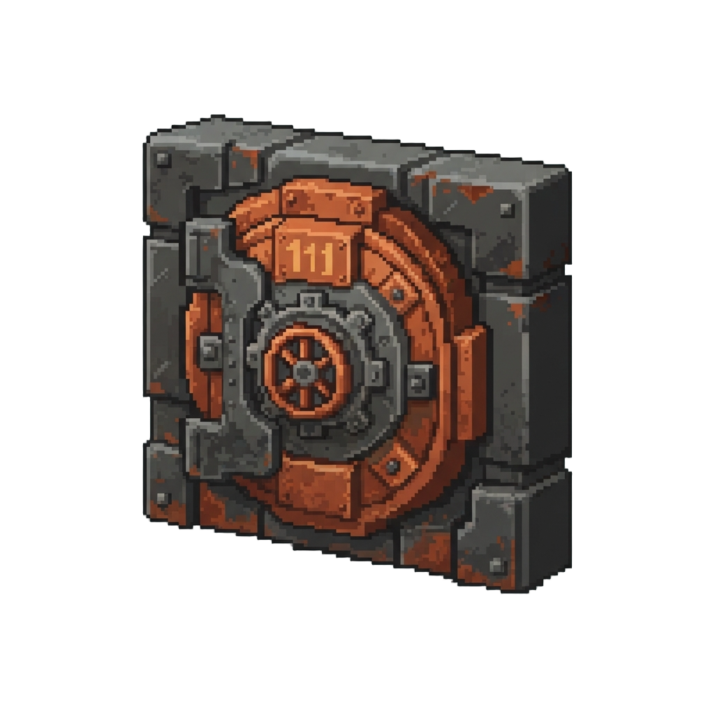 A Voxel Fallout Vault Door Constructed From Heavy Iron and Rusted Copper Blocks