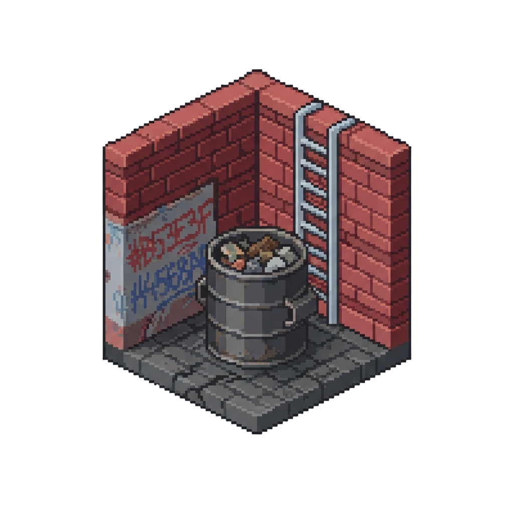 A Voxel Double Dragon City Alley with Brick Walls and Garbage Bin Cauldrons