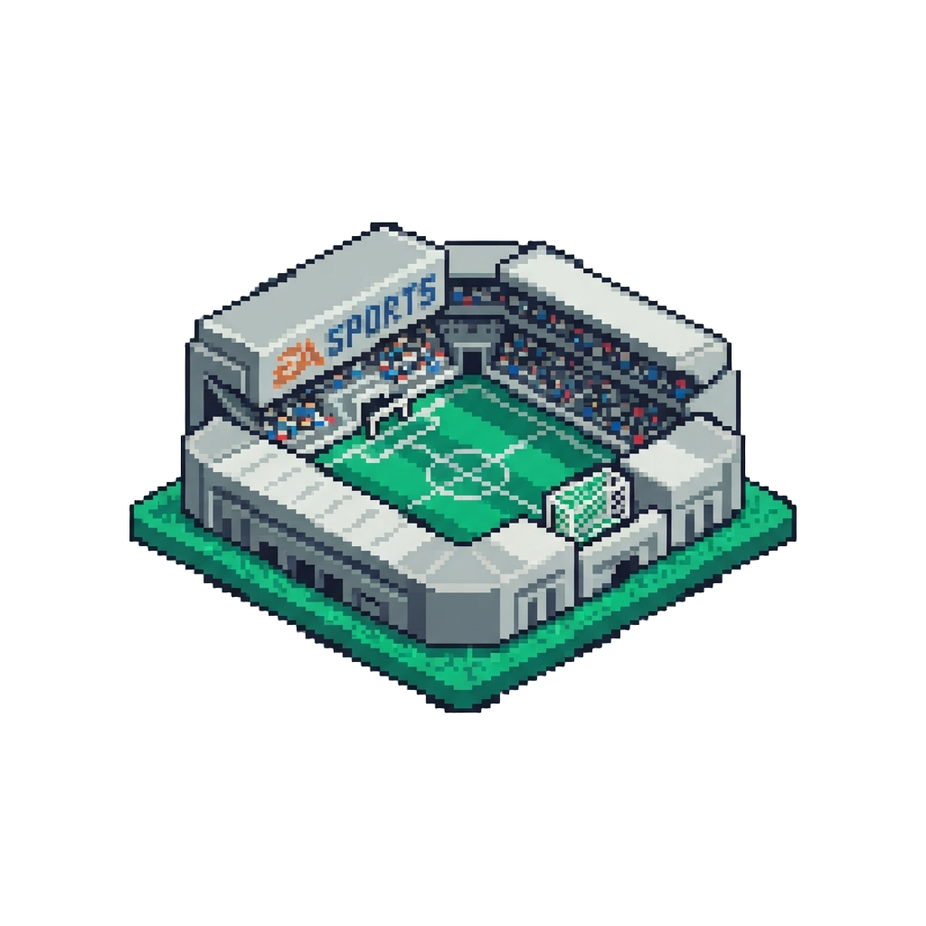 A Voxel Ea Sports Fc Stadium Framed by Emerald Block Turf and Goal Nets