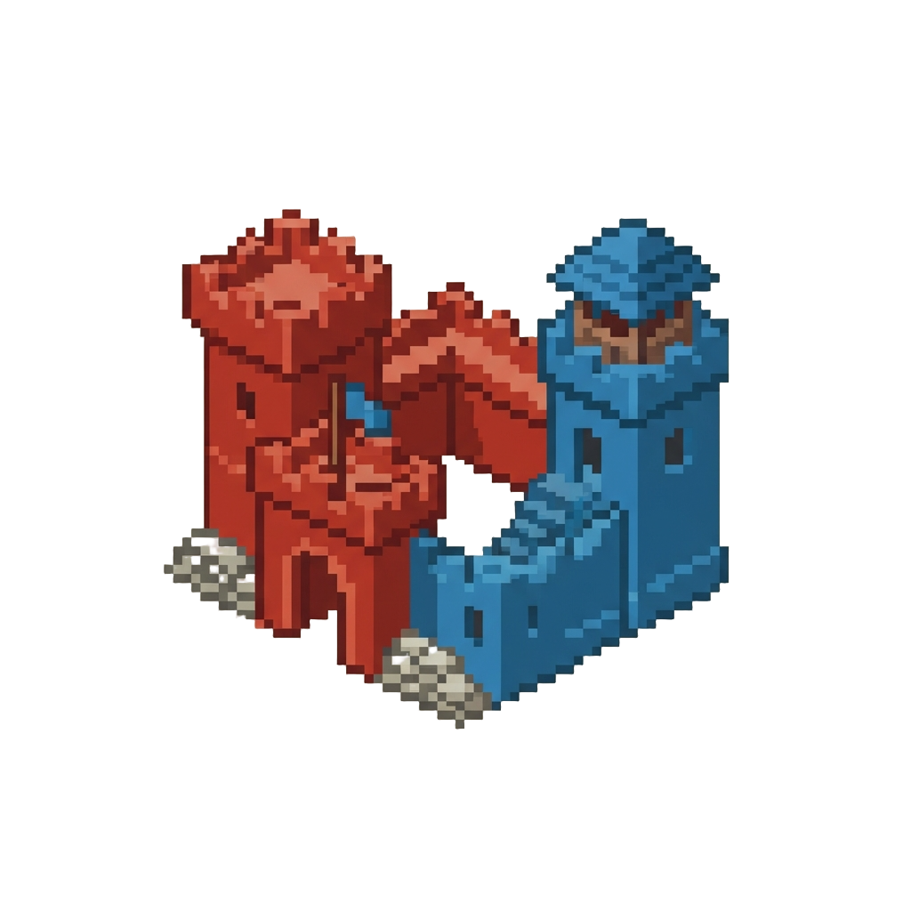 A Voxel Team Fortress 2 Fort Built From Red and Blue Stained Terracotta