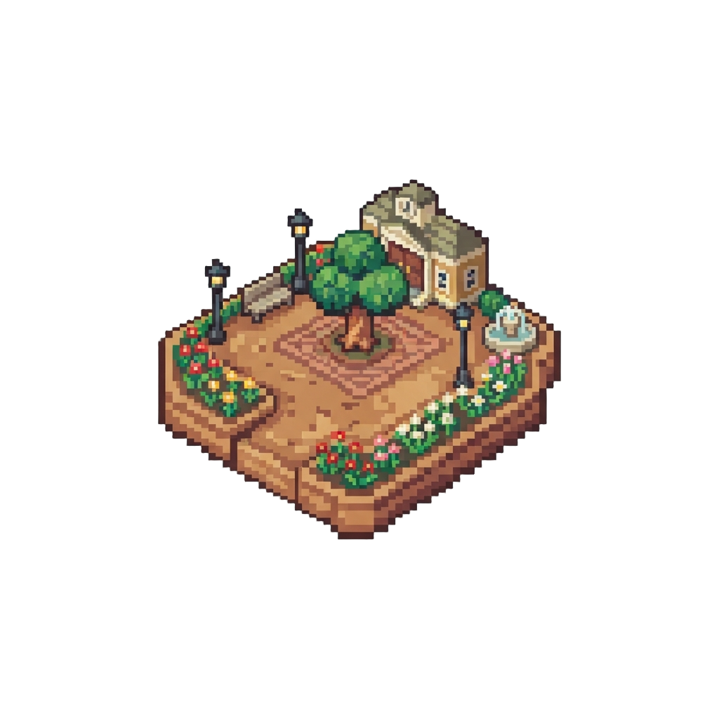 A Voxel Animal Crossing Cozy Island Plaza Made of Terraform Dirt and Flower Gardens
