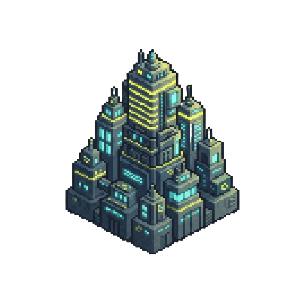 A Voxel Cyberpunk Night City Towering with Neon Yellow and Cyan Concrete