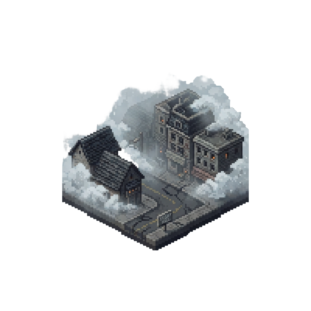 A Voxel Silent Hill Foggy Town Enveloped in White Stained Glass Fog