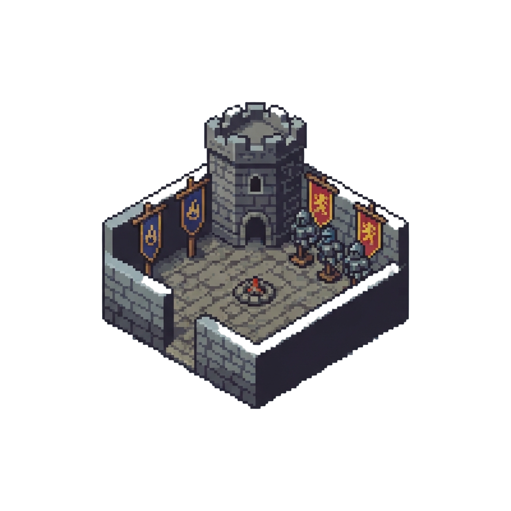 A Blocky Fire Emblem Castle Courtyard Lined with Banners and Iron Armor Stands