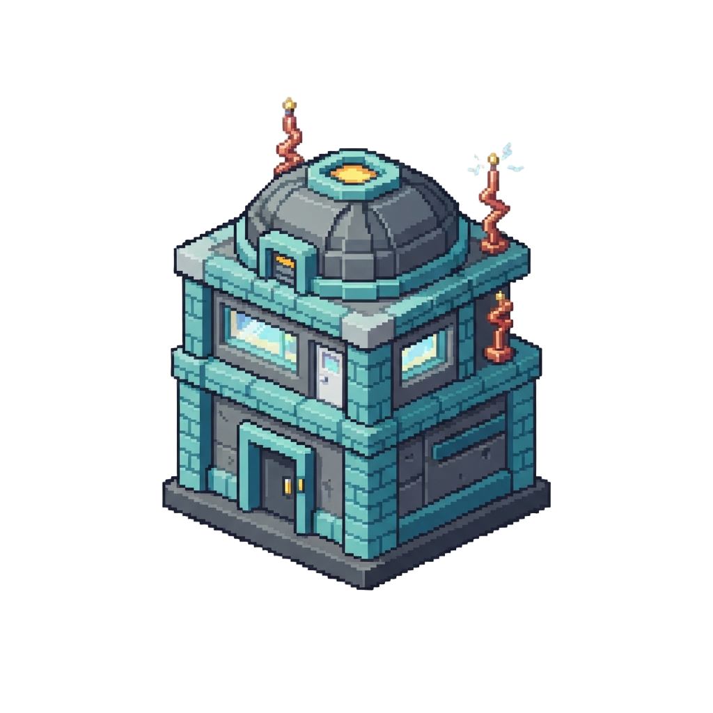 A Voxel Mega Man Lab Lined with Cyan Concrete and Copper Lightning Rods