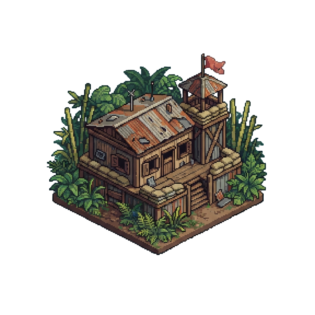 A Cubic Far Cry Tropical Island Outpost Surrounded by Jungle Leaves and Bamboo