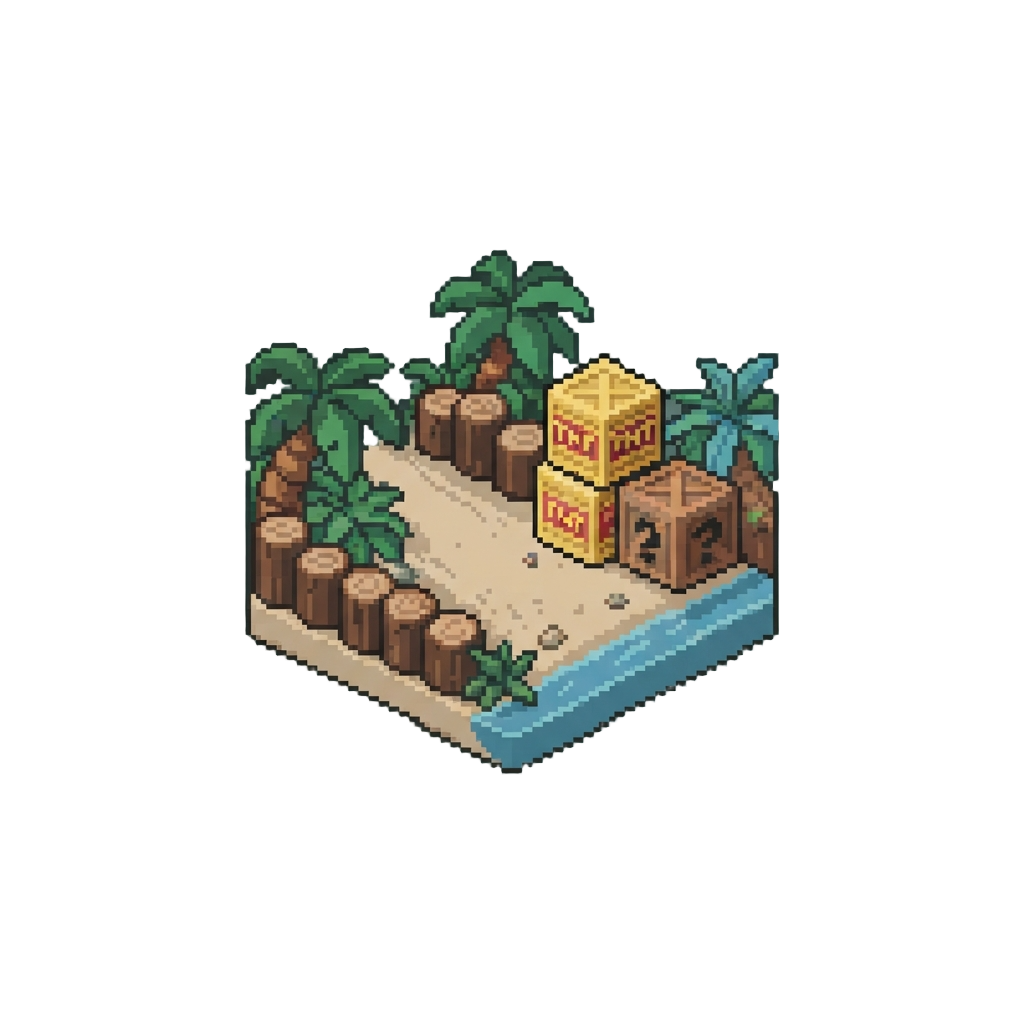 A Voxel Crash Bandicoot Jungle Beach Lined with Tnt Crates and Palm Logs
