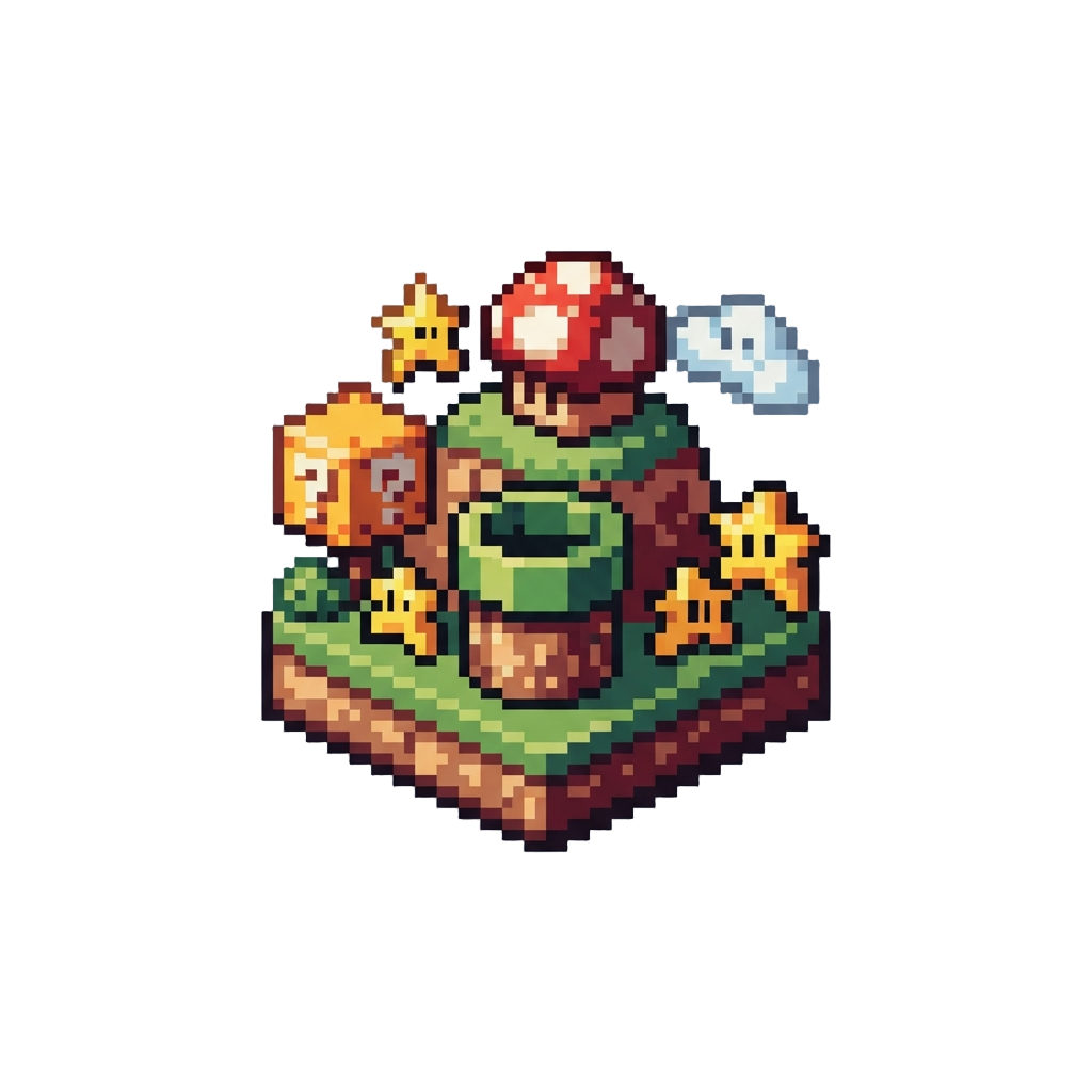 A Blocky Voxel Super Mario Mushroom Kingdom with Cube Super Stars and Dirt Block Pipes