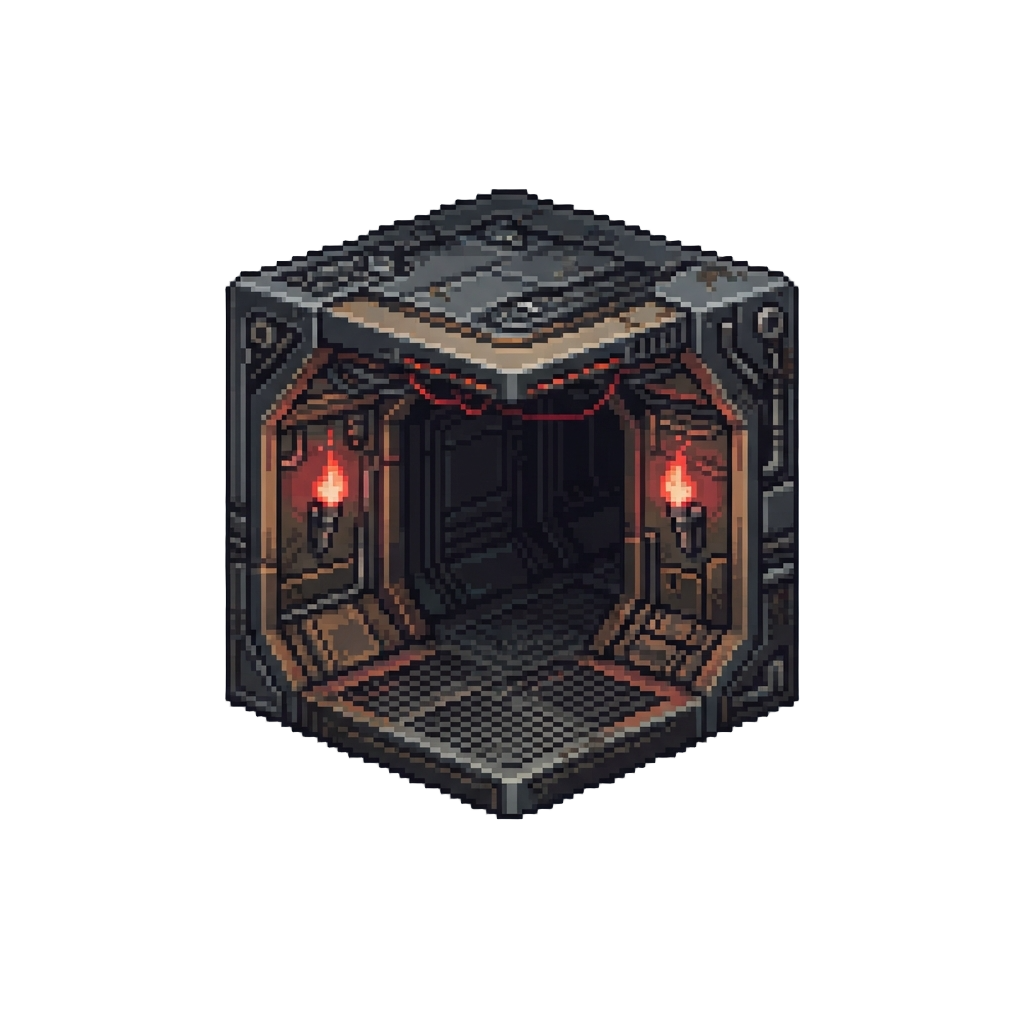 A Cubic Dead Space Ishimura Corridor Lit by Flickering Redstone Torches