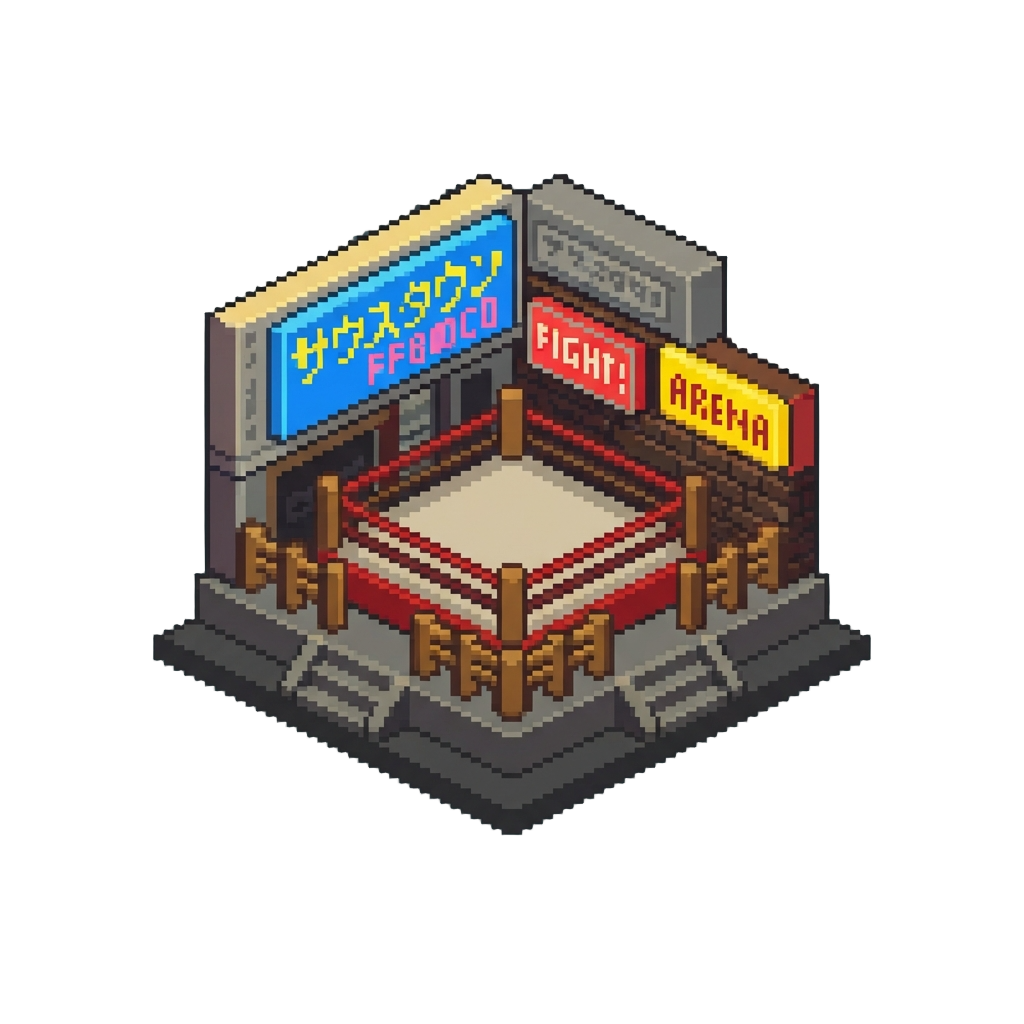 A Voxel Fatal Fury Southtown Arena with Neon Billboards and Oak Fences