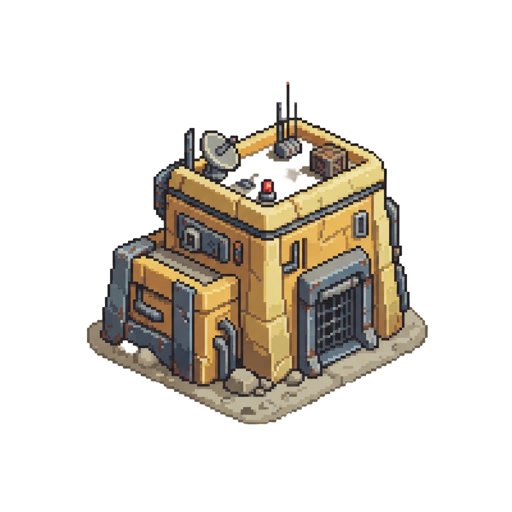 A Blocky Borderlands Desert Outpost Made From Yellow Terracotta and Scrap Iron
