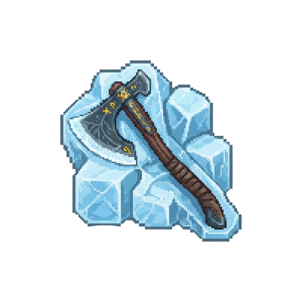 A Blocky God of War Leviathan Axe Embedded in Ice Blocks