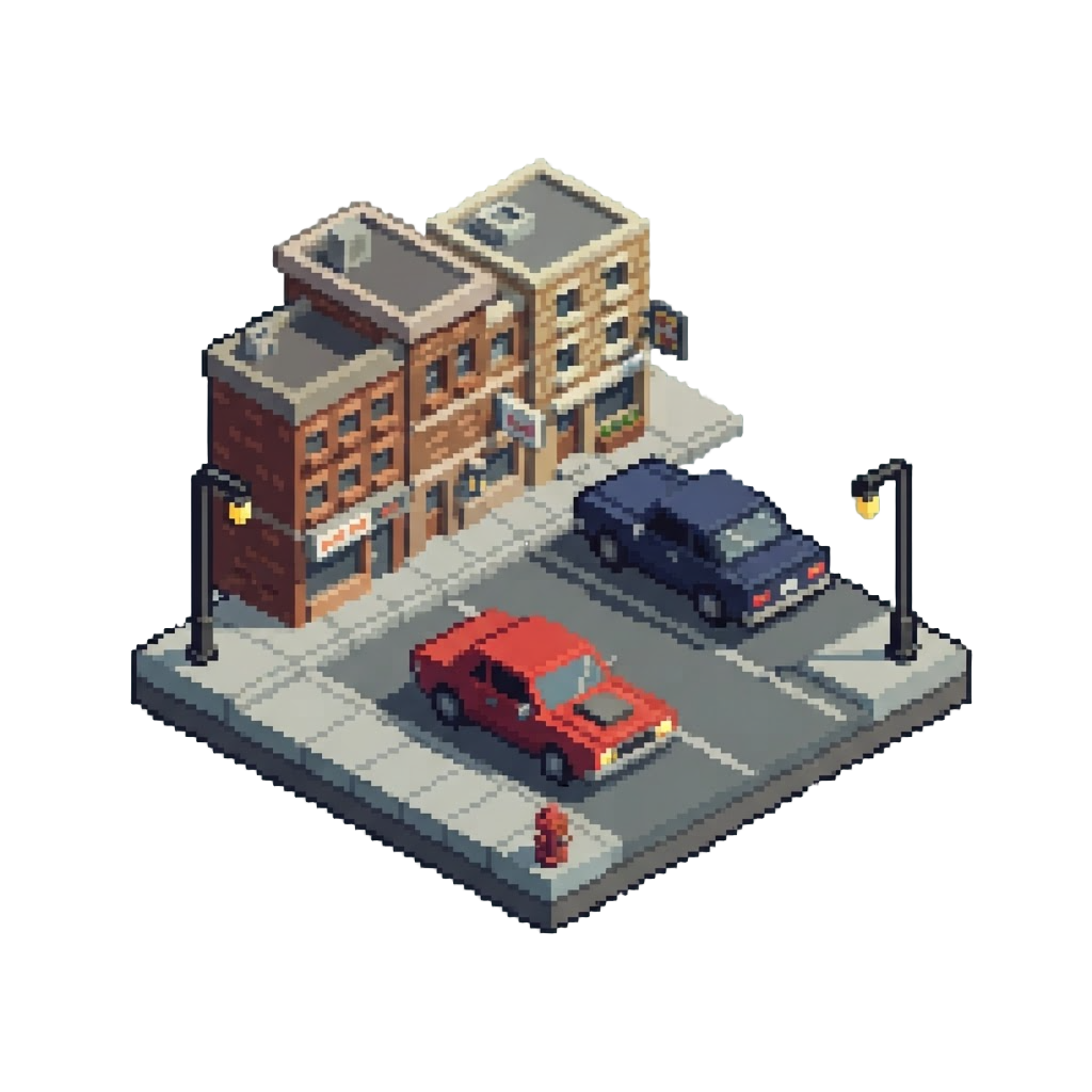 A Voxel Grand Theft Auto City Block with Blocky Muscle Cars and Pixelated Streetlights
