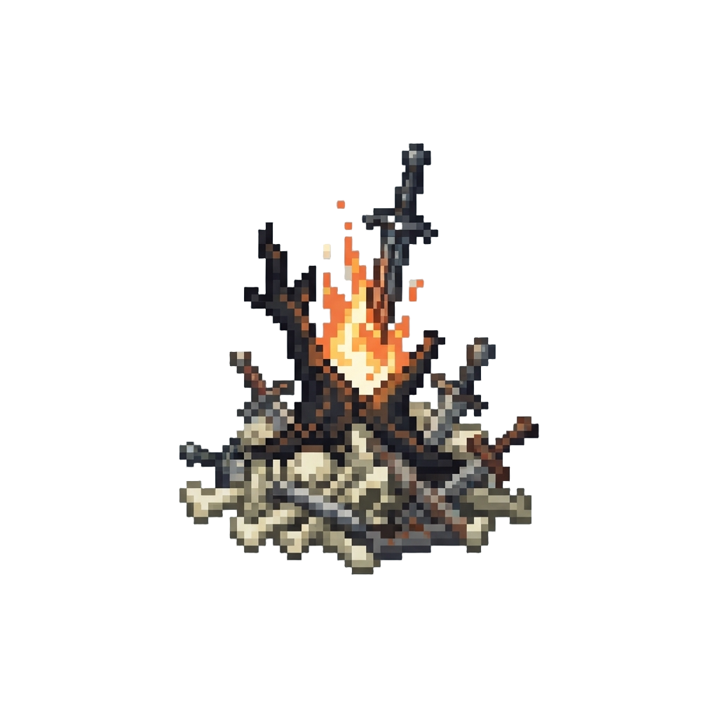 A Voxel Dark Souls Bonfire Lit Atop a Pile of Bone Blocks and Iron Swords