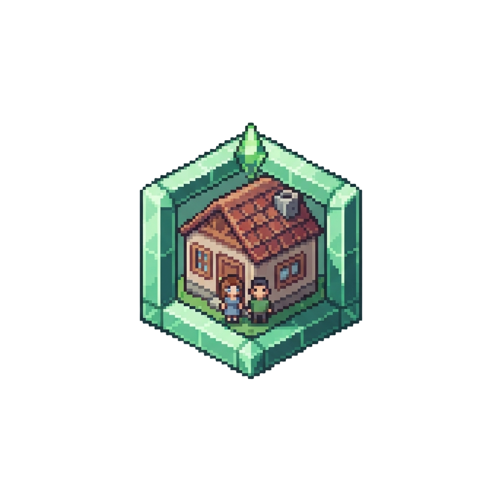 A Blocky the Sims Household Framed by Green Plumbob Prism Marine Blocks