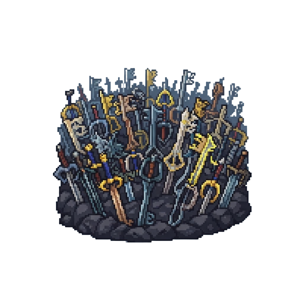 A Voxel Kingdom Hearts Keyblade Graveyard Filled with Iron and Gold Swords