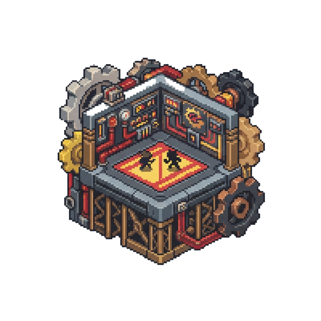A Blocky Guilty Gear Anime Arena Framed by Gears and Redstone Contraptions